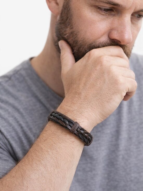 None Other - Adjustable Braided Faux Leather Steampunk Wristband Black Brown OS NEW